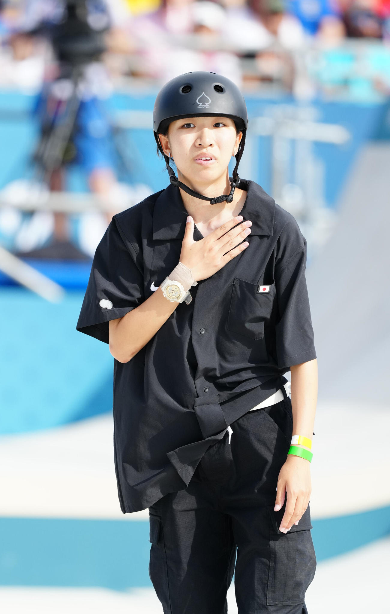 スケートボード女子ストリート決勝　ラン2回目を終え、ホッとした表情を見せる赤間（撮影・江口和貴）