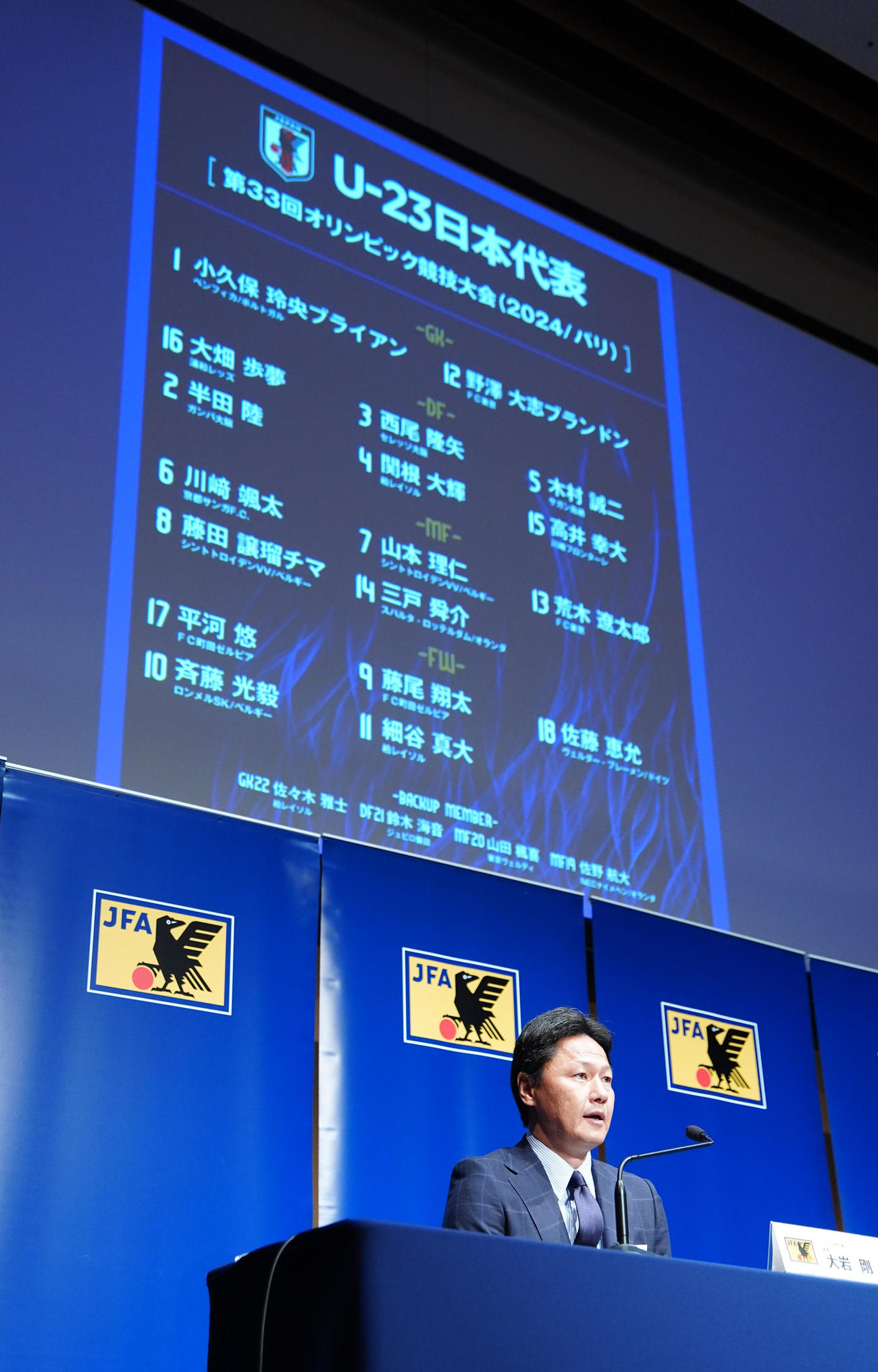 パリ五輪出場選手発表会見に臨むU－23日本代表大岩監督（撮影・江口和貴）