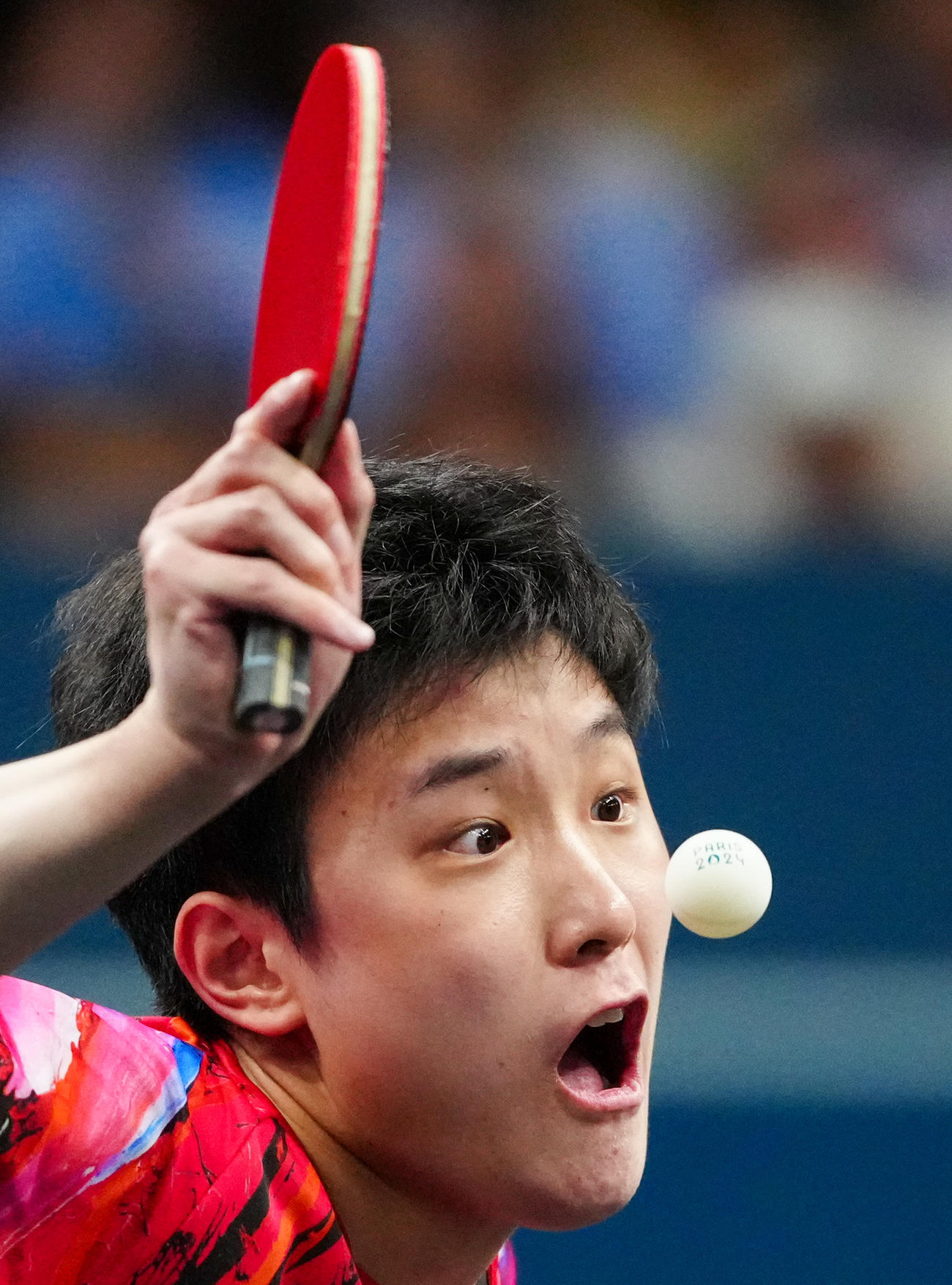 卓球男子シングルス2回戦に臨む張本（撮影・江口和貴）