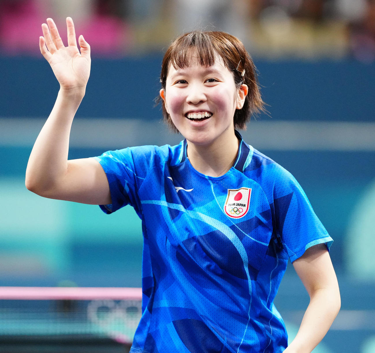 平野美宇対マニカ・バトラ　勝利し笑顔を見せる平野（撮影・江口和貴）