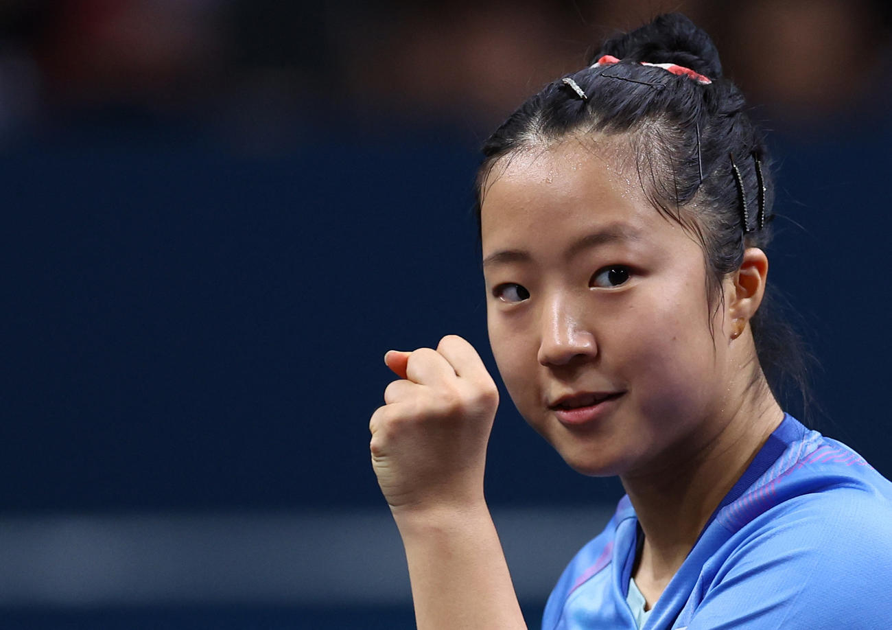パリ五輪卓球女子シングルス3位決定戦で早田ひなと対戦した韓国の申裕斌（ロイター）