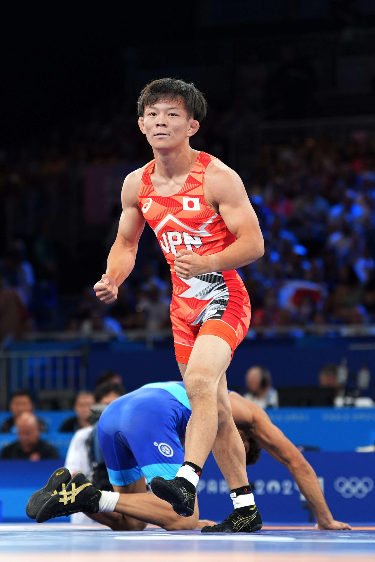 男子フリースタイル57キロ級準決勝　アマンを破りガッツポーズの樋口（撮影パオロ　ヌッチ）