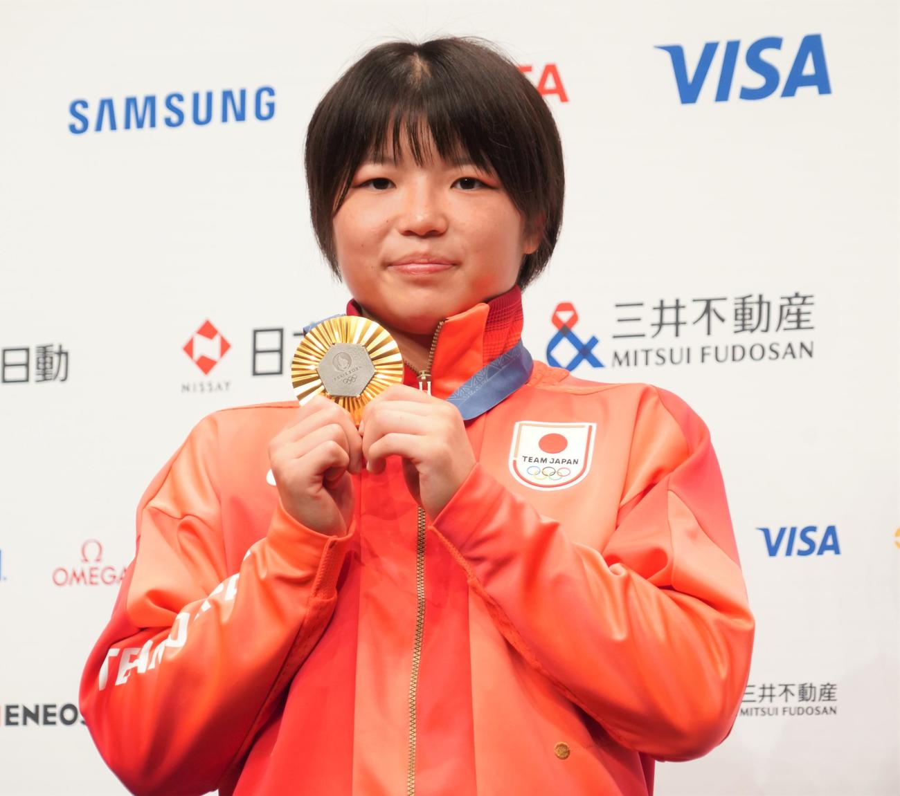 メダリスト会見に出席したレスリング女子57キロ級の桜井つぐみ（撮影・佐藤成）