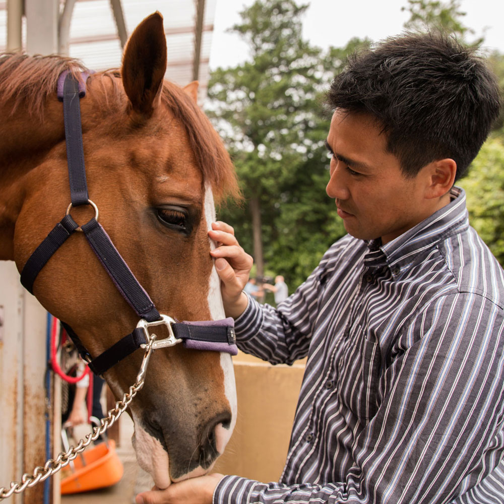 馬をなでる総合馬術の大岩義明（国際馬術連盟提供）