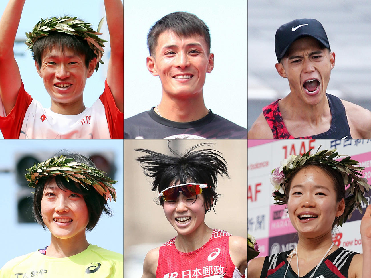 上段左からマラソン男子代表の中村匠吾、服部勇馬、大迫傑。下段左から女子代表の前田穂南、鈴木亜由子、一山麻緒