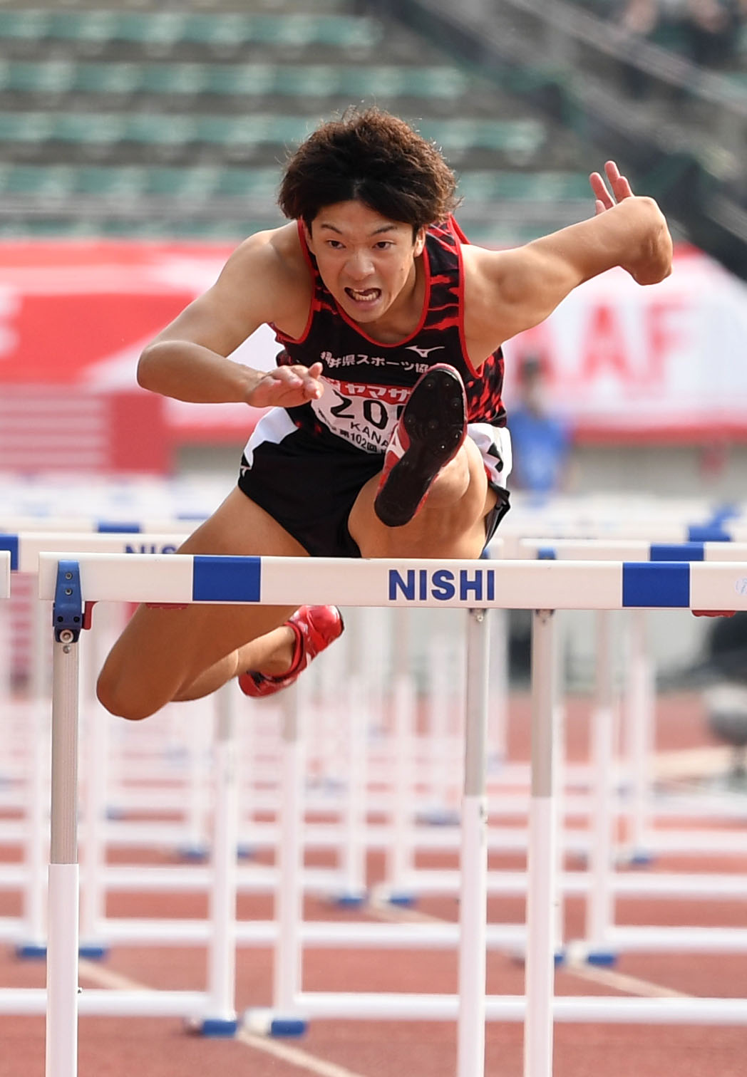 男子110メートル障害決勝　13秒36の日本新記録で優勝した金井大旺（2018年6月24日撮影）