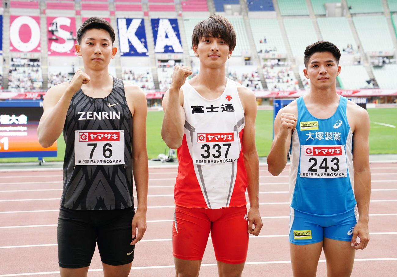 男子走り幅跳びで東京五輪に内定した、左から城山、優勝の橋岡、2位の津波（撮影・江口和貴）