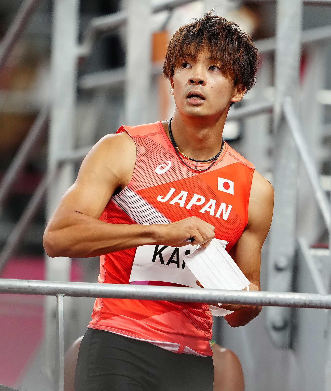 男子110メートル障害予選5組、3着で準決勝進出を決めた金井（撮影・江口和貴）