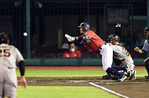 侍ジャパン　強化試合　巨人対日本代表　6回裏日本代表1死一、三塁、スクイズを決める菊池涼（撮影・たえ見朱実）
