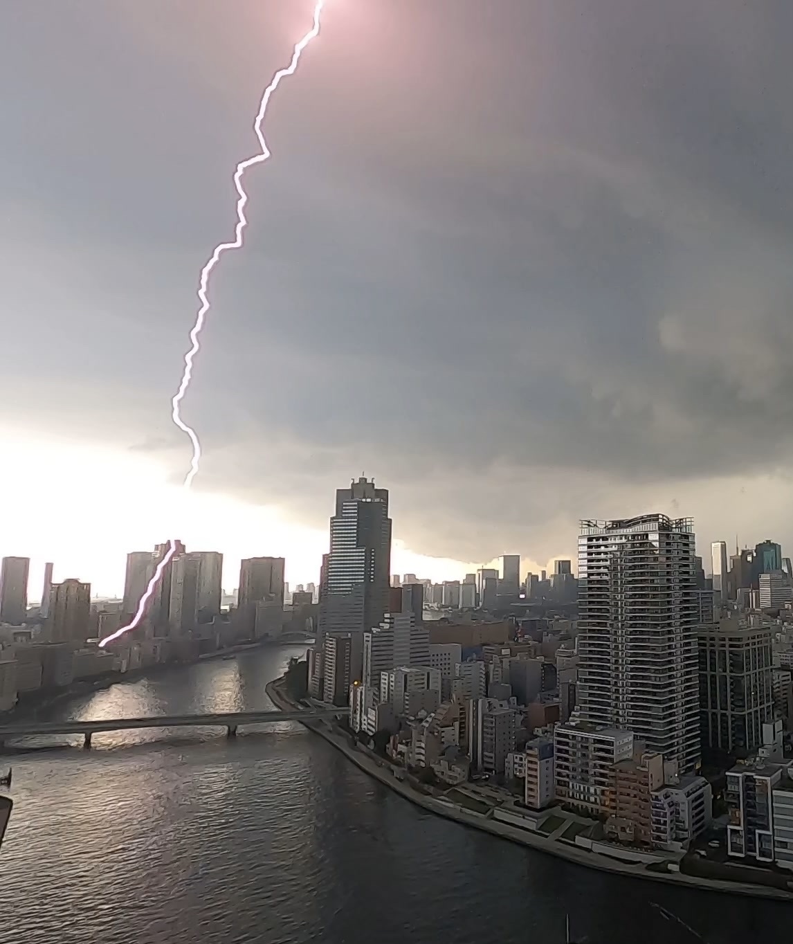 午後4時ごろ、土砂降りの雨と激しい雷が東京を襲った（撮影・菅敏）