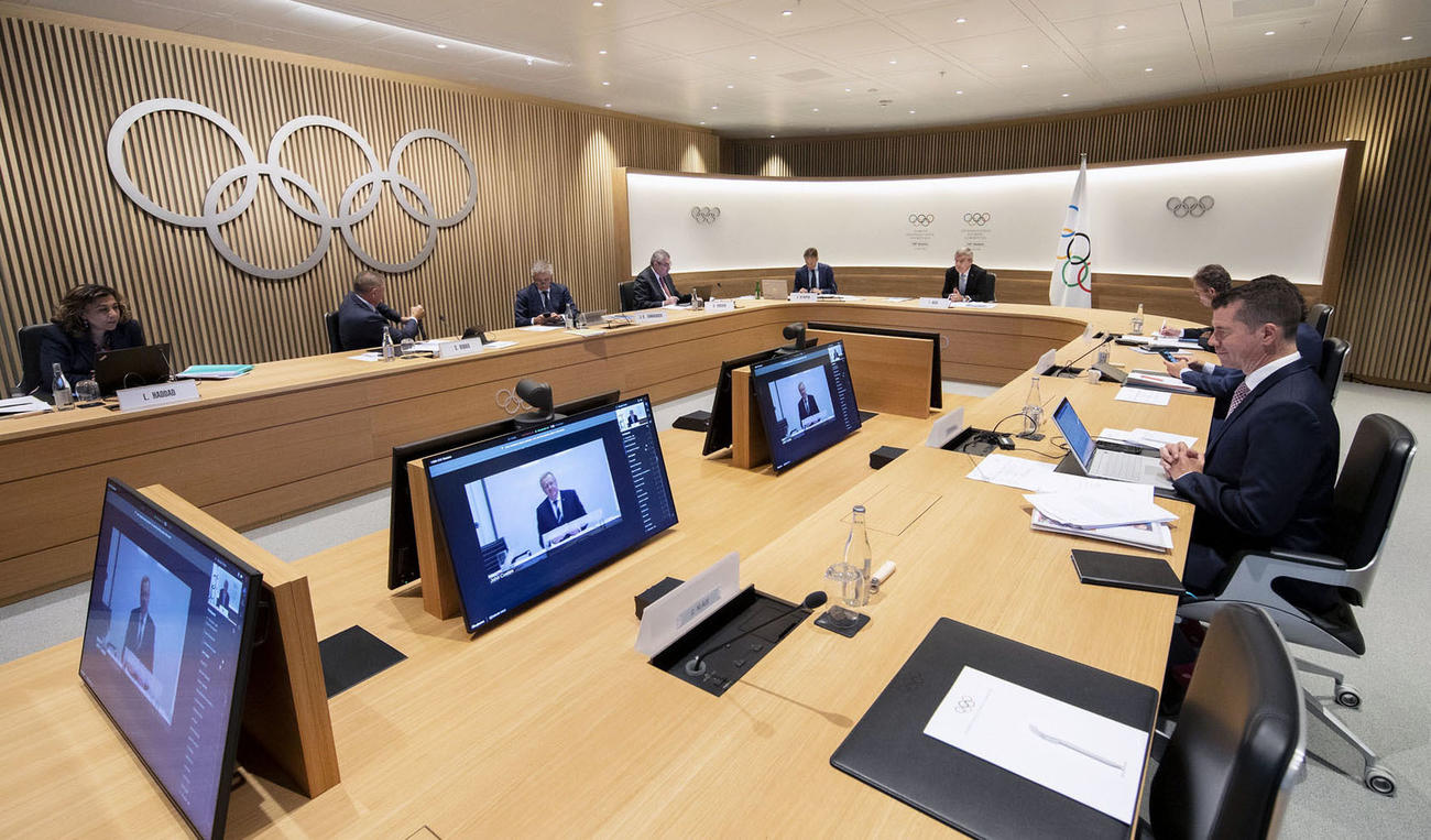 オンライン形式で行われたIOCの総会（IOC提供＝共同）