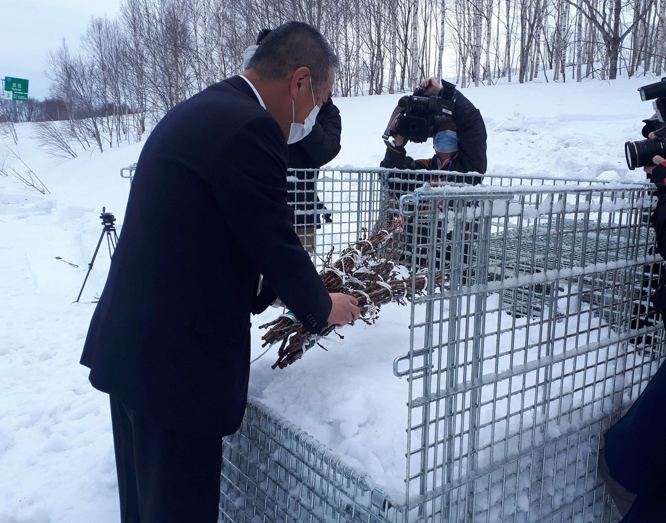 沼田町で行われた桜の枝を雪山に埋め込む作業（北海道雪氷桜プロジェクト実行委員会提供）