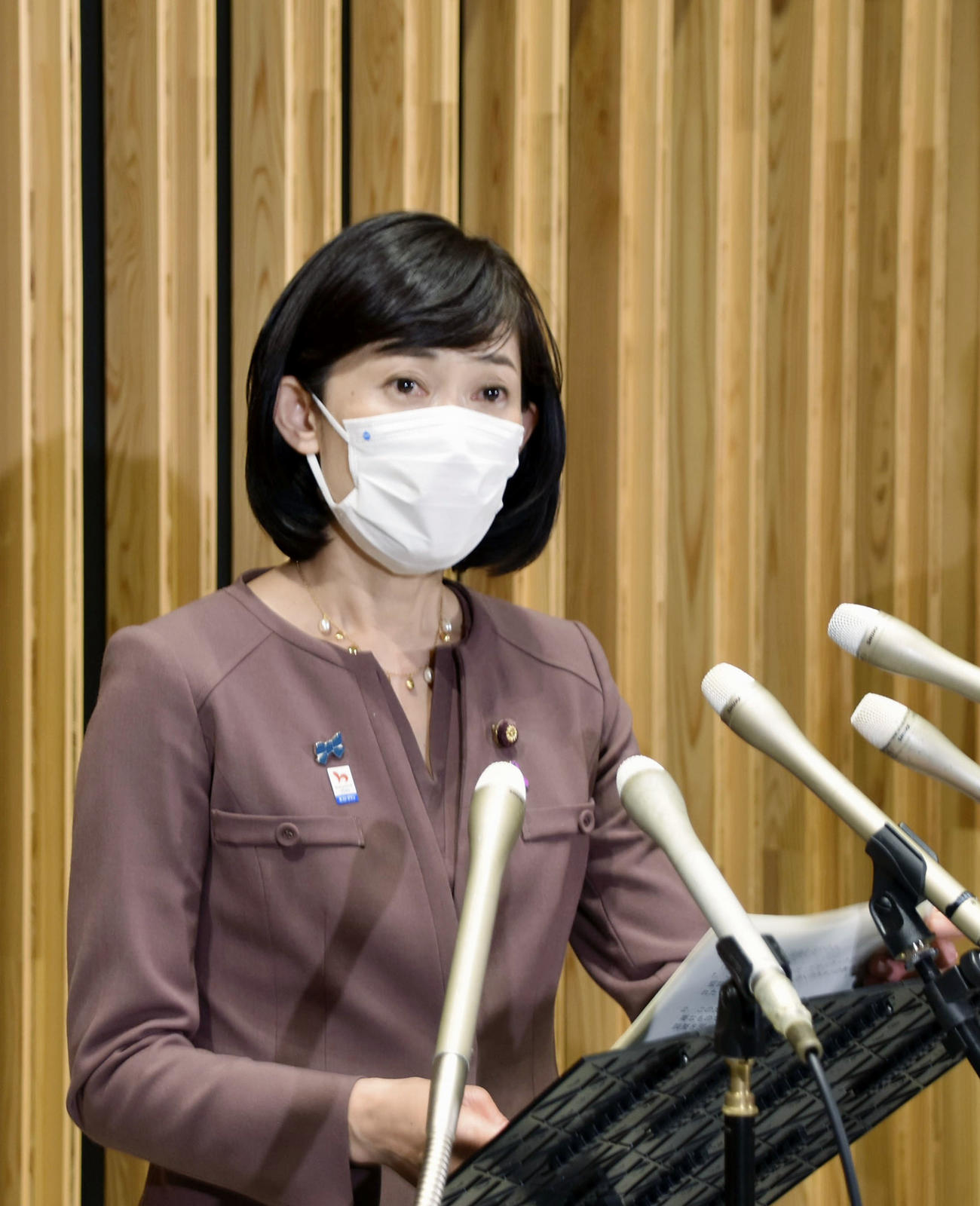 取材に応じる丸川五輪相（共同）