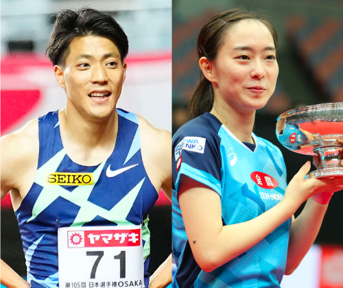 五輪日本選手団の主将に選ばれた山県亮太と、副主将の石川佳純