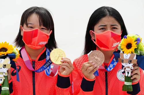 スケートボード女子ストリート　メダルを手にする優勝の西矢（左）と3位の中山（撮影・江口和貴）