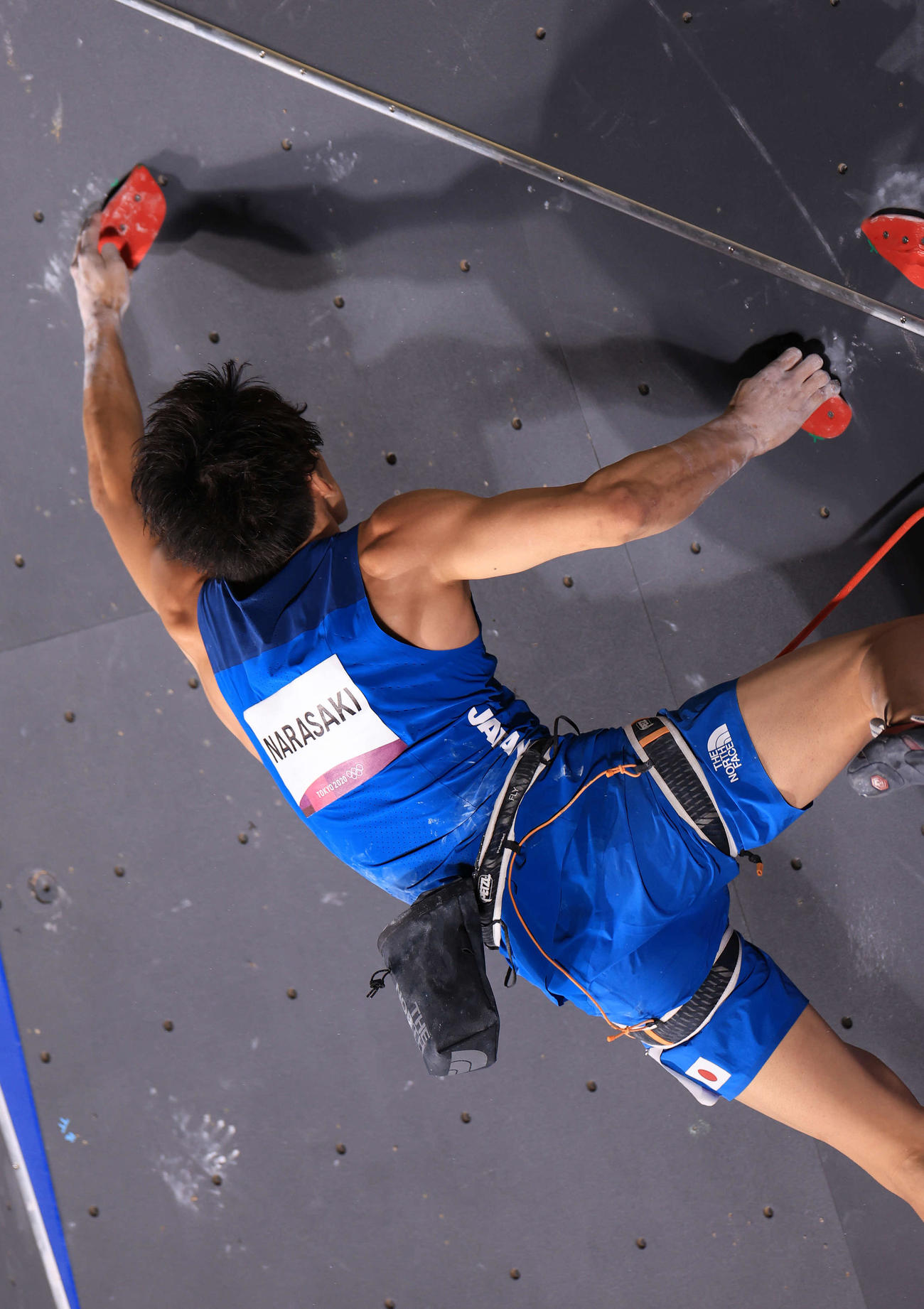 スポーツクライミング男子複合決勝、リードの後半でホールドをつかみきれず落下する楢崎（撮影・河野匠）
