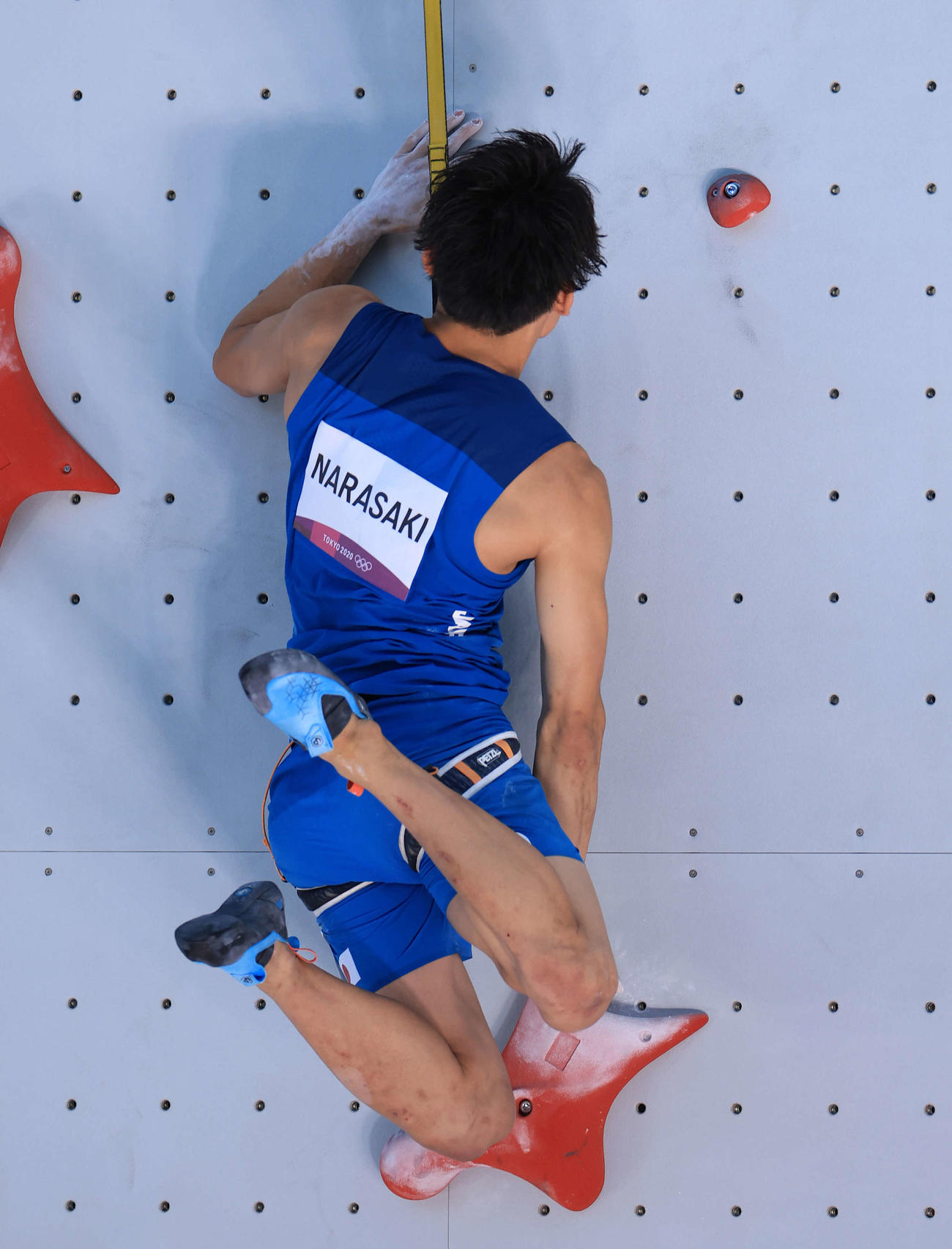スポーツクライミング男子複合決勝、スピード3本目のレースで落下する楢崎（撮影・河野匠）