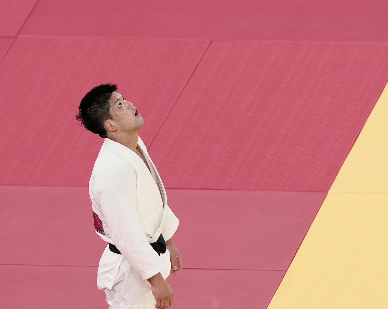 柔道男子73キロ級で連覇を達成した大野は、一礼後に武道館の天井を見上げる