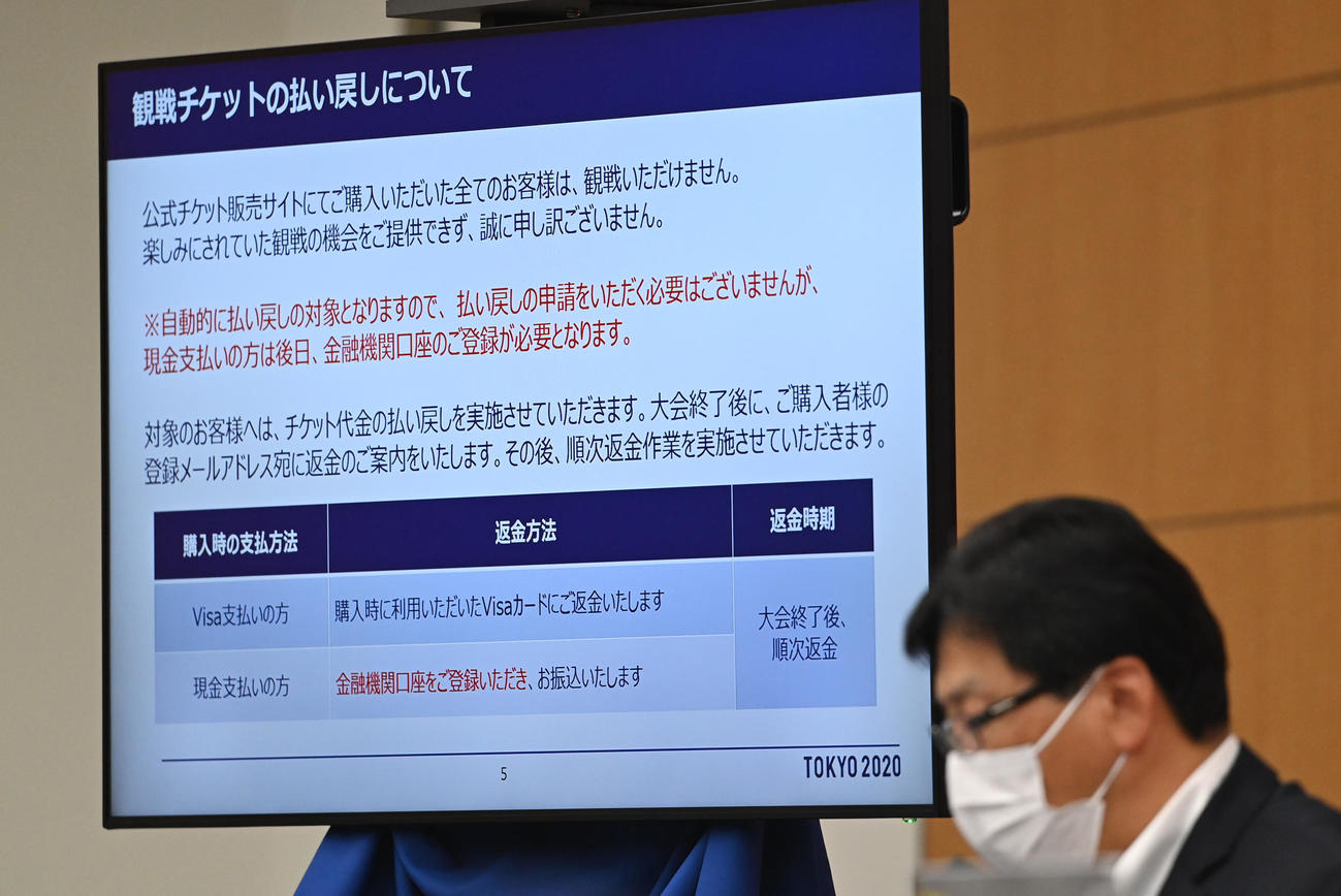 記者会見で、観戦チケットの払い戻し方法が表示されたモニター（代表撮影）
