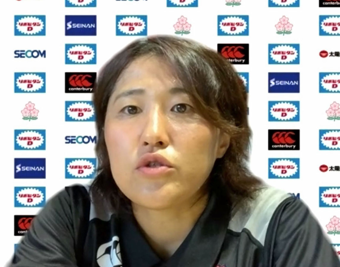 ラグビー7人制女子の日本代表候補合宿に参加し、オンライン取材に応じる中村知春（共同）