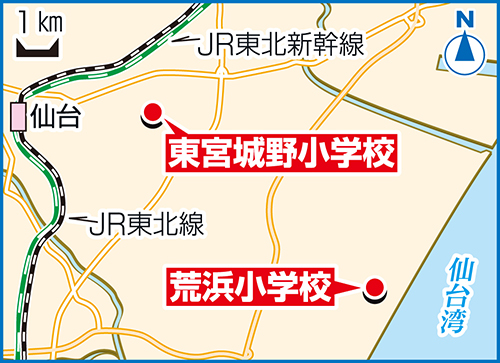 仙台市の東宮城の小学校と荒浜小学校の位置関係