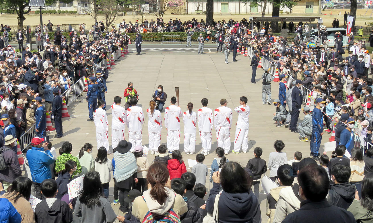 聖火リレーの福島市区間ゴール地点の福島県庁前（撮影・鎌田直秀）
