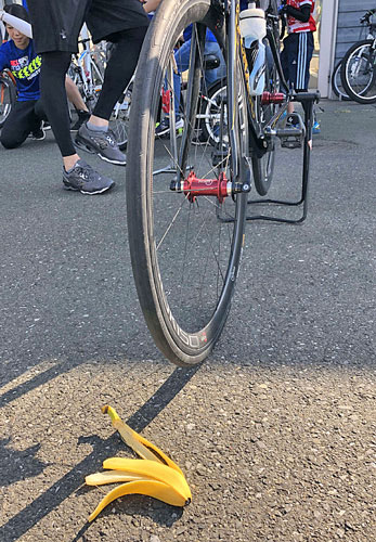 誰だあ～⁉　タイ ヤの横にバナナを置いたのは…
