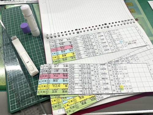 辻村さんが実況時に使う出走表は自作。色はマーカーで塗る
