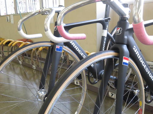 ハンセンの自転車(左)とファンリーセンの自転車。フロントフォークに国旗があしらわれている