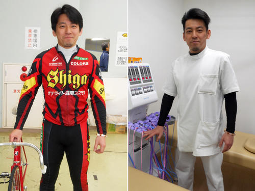 レース前(左)と白衣姿の山田康博(撮影・岡田晋)