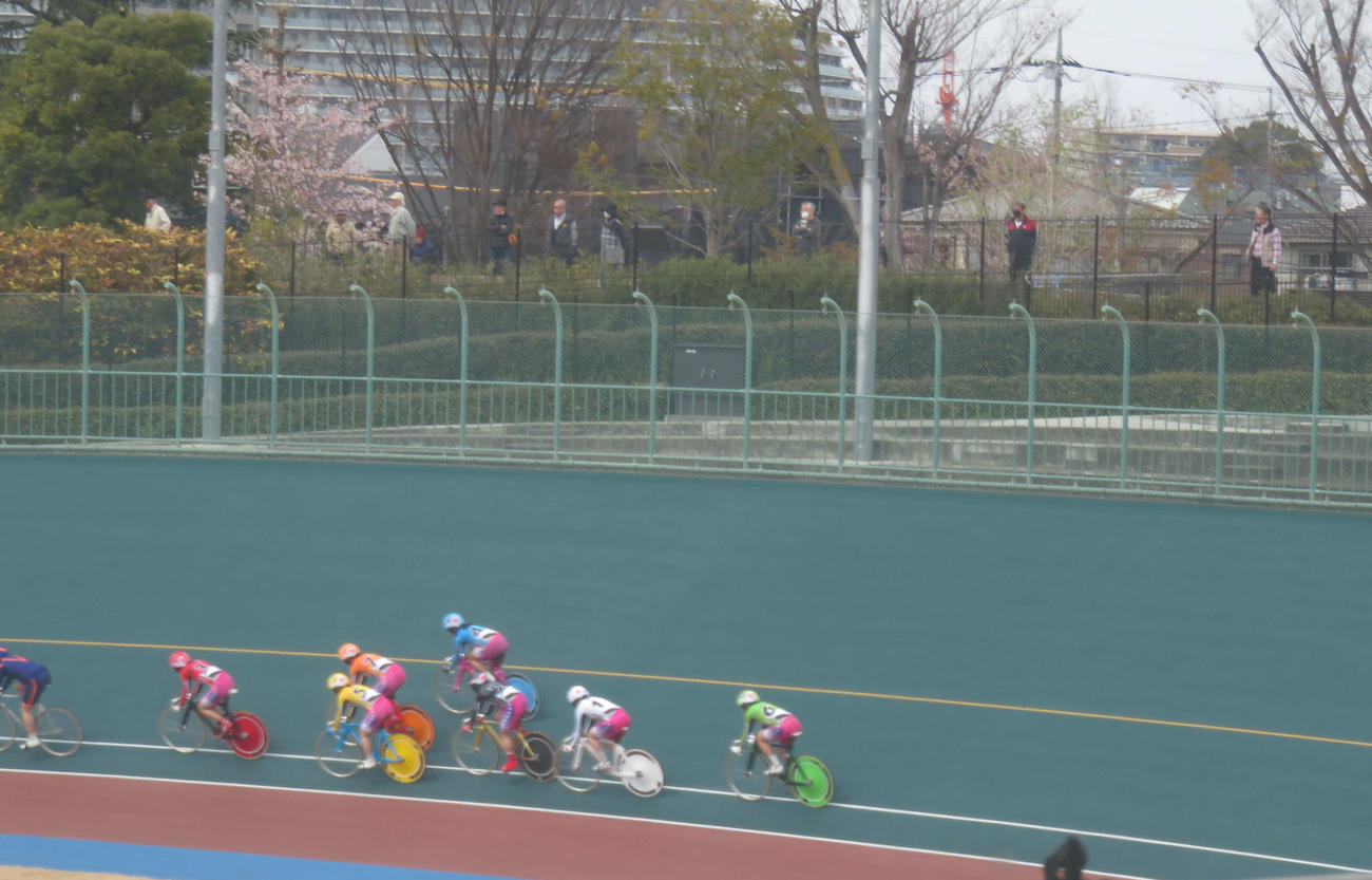 競輪場の柵の外からレースを観戦する人々