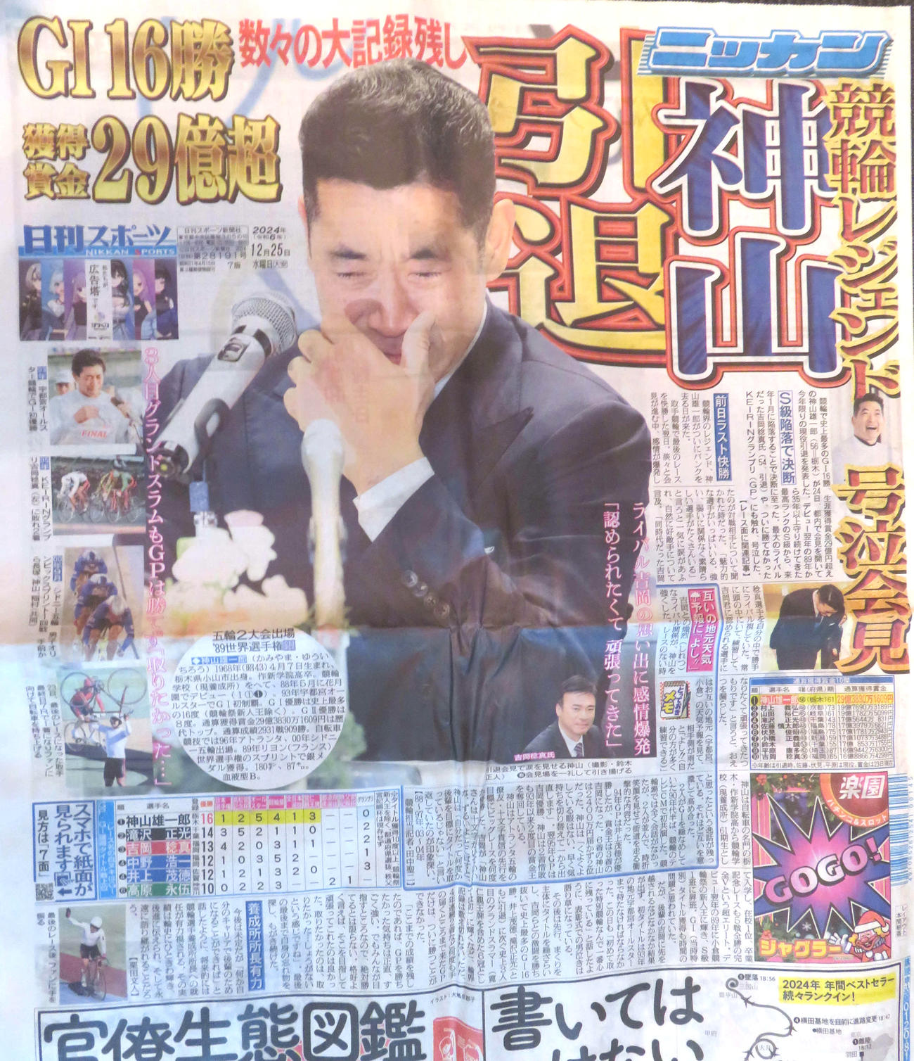 「神山雄一郎引退」を報じる2024年12月25日付の日刊スポーツ1面