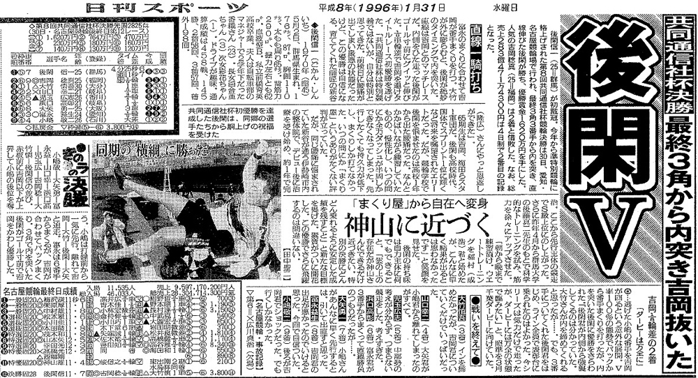 初の4日制で行われた96年・共同通信社杯（名古屋競輪場）で後閑信一の優勝を報じる日刊スポーツ紙面