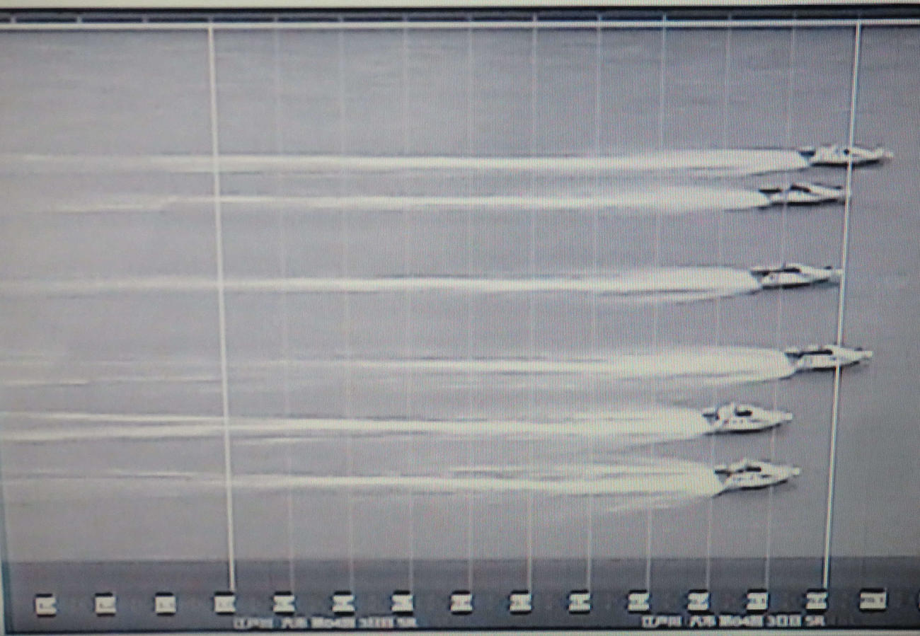 3艇がフライングした5Rのスリット画像。1号艇と2号艇、4号艇がそれぞれコンマ07、01、06のスリットオーバー