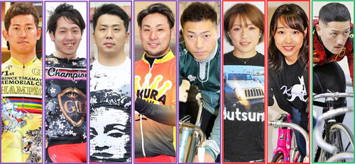 シリーズの主力となる、左からKEIRINグランプリの脇本雄太、松浦悠士、清水裕友、郡司浩平、新田祐大、ガールズグランプリの児玉碧衣、高木真備、ヤンググランプリの松井宏佑
