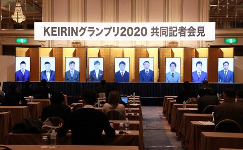 リモートで行われたKEIRINグランプリの会見。画面右から車番順に郡司浩平、脇本雄太、松浦悠士、和田健太郎、清水裕友、守沢太志、平原康多、新田祐大、佐藤慎太郎