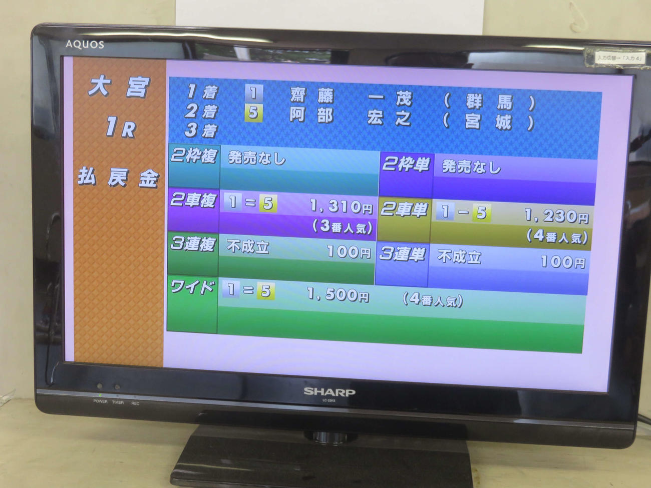 大宮競輪1Rの3連複、3連単は不成立となった