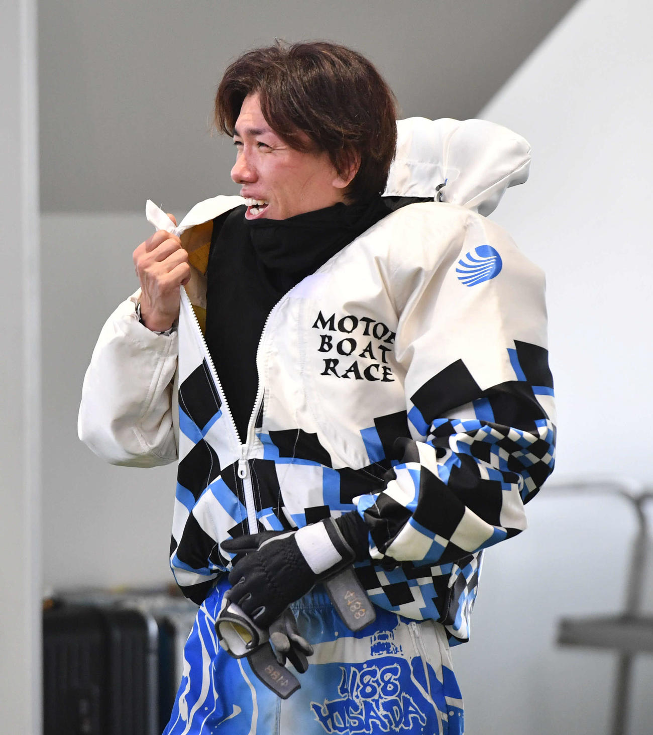 SGグランドチャンピオン2日目　3R、1着の4188久田敏之は笑顔を見せる（撮影・岩下翔太）