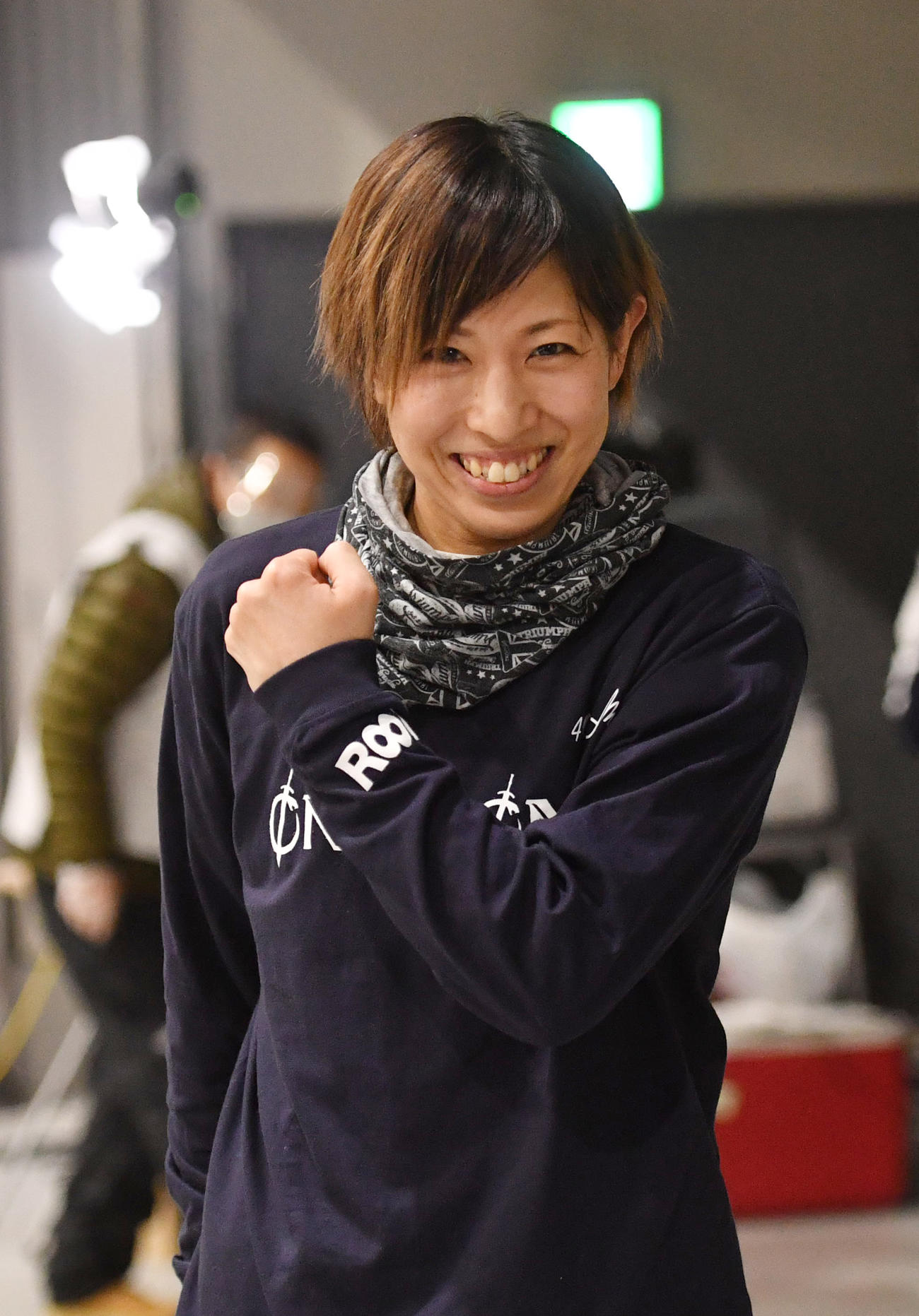 レディースオールスター5日目、準優勝戦9Rで1着の長嶋万記はガッツポーズする（撮影・柴田隆二）