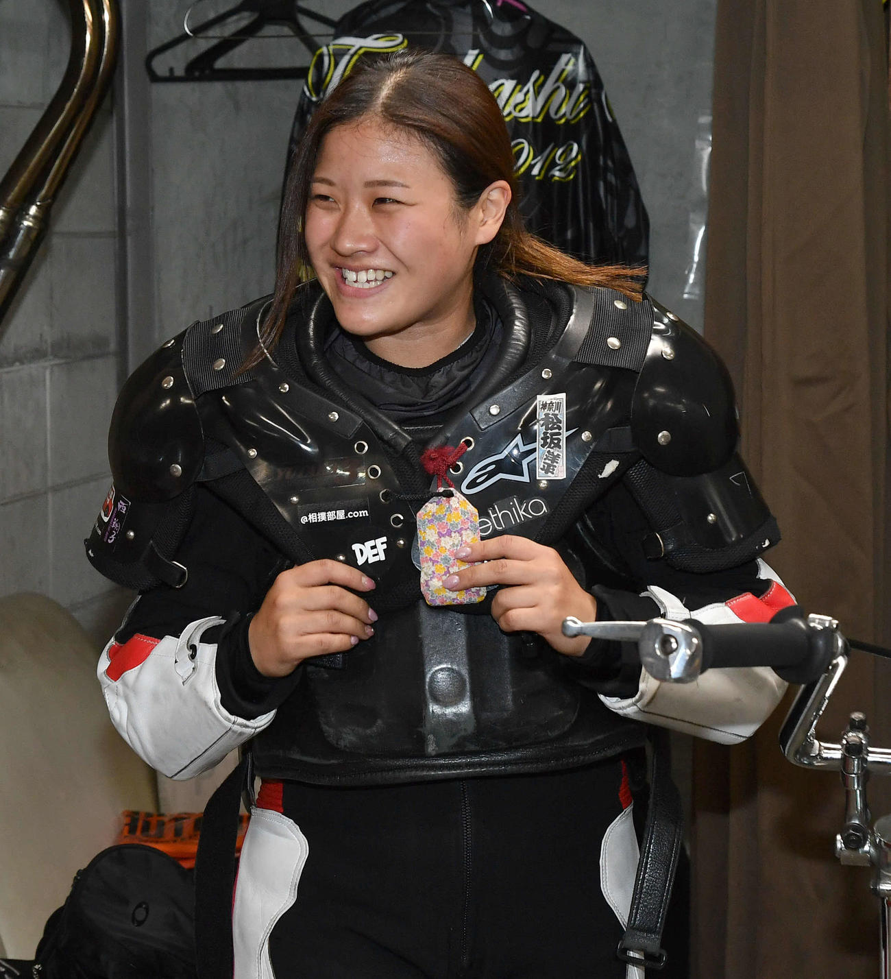 SGオールスターオートレース2日目　3Rで勝利し、笑顔を見せる高橋絵莉子（撮影・岩下翔太）