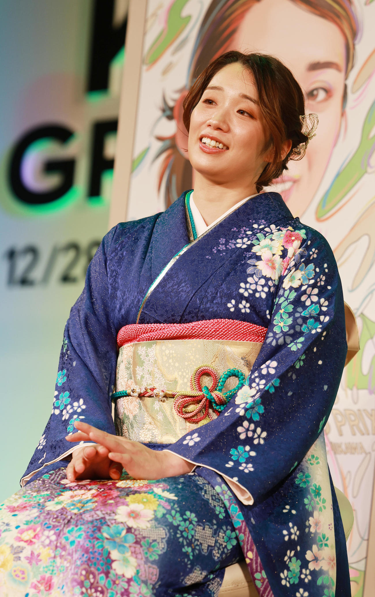 ガールズグランプリ2023の前夜祭に晴れ着姿で登場した吉川美穂（撮影・野上伸悟）