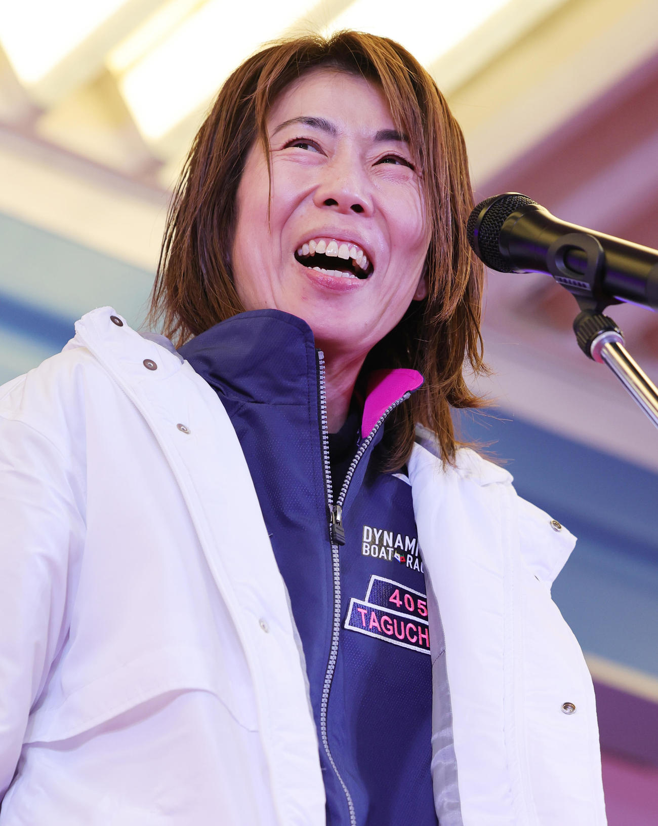 トライアル出場選手インタビューに登場した田口節子（撮影・野上伸悟）