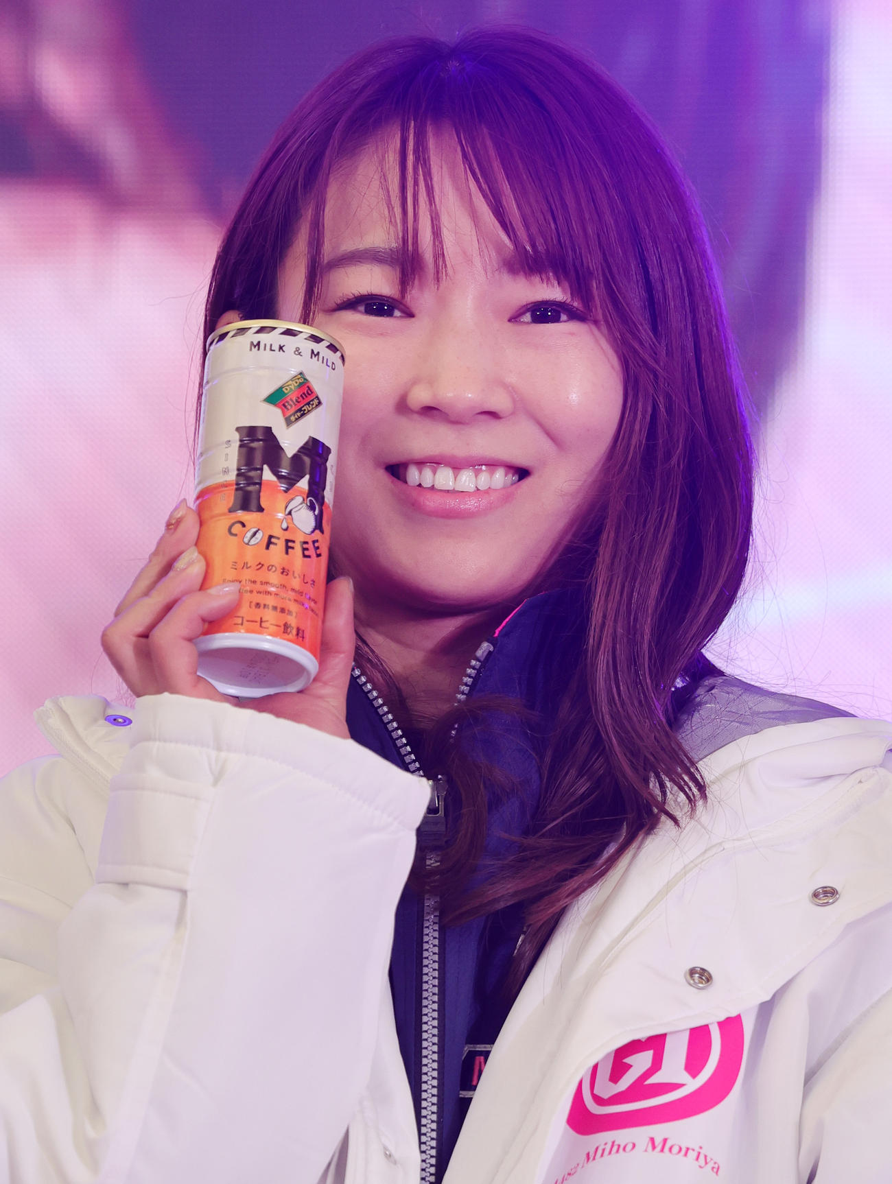 朝の公開インタビューでMをアピールする守屋美穂（撮影・野上伸悟）