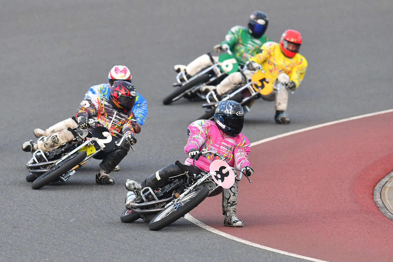 SGオールスター・オートレース4日目　9R、先頭で最終周回をする8番車の金子大輔（撮影・岩下翔太）