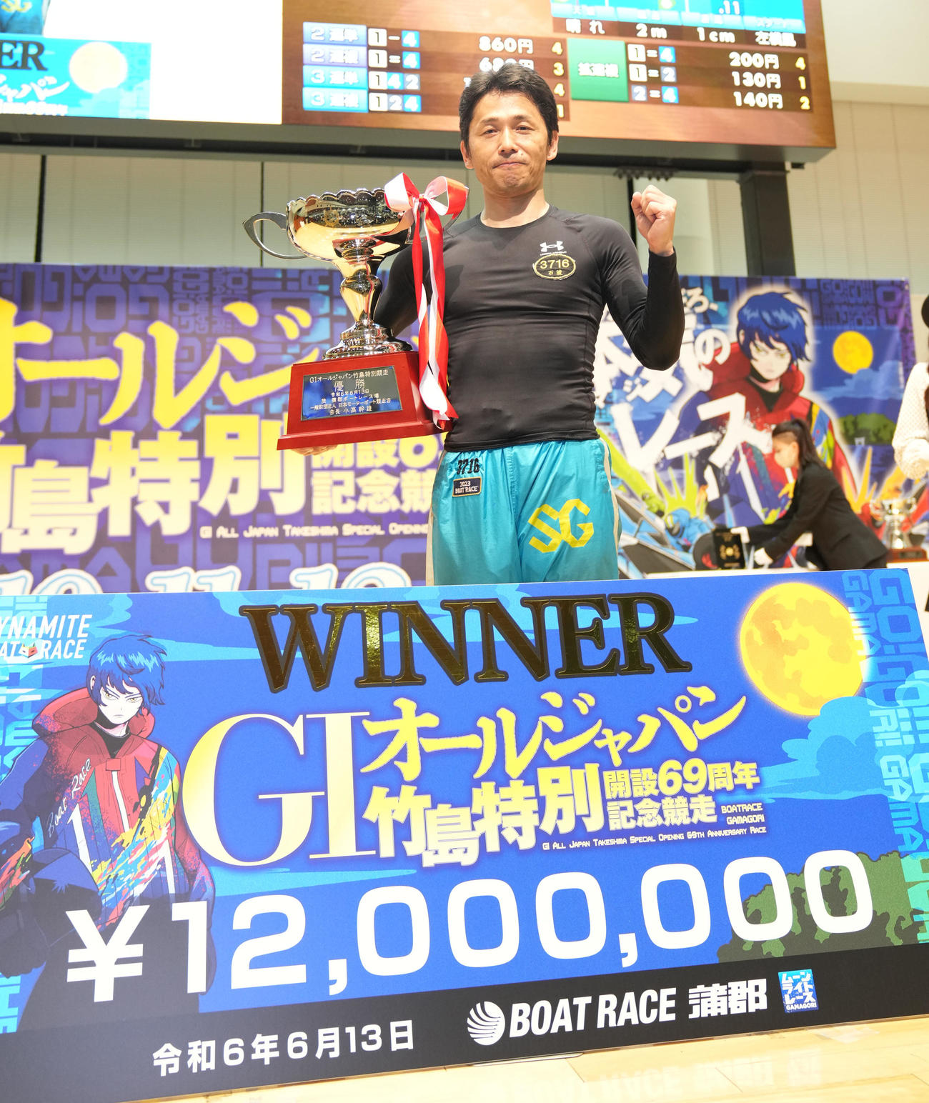 優勝しポーズを決める石渡鉄兵（撮影・森本幸一）