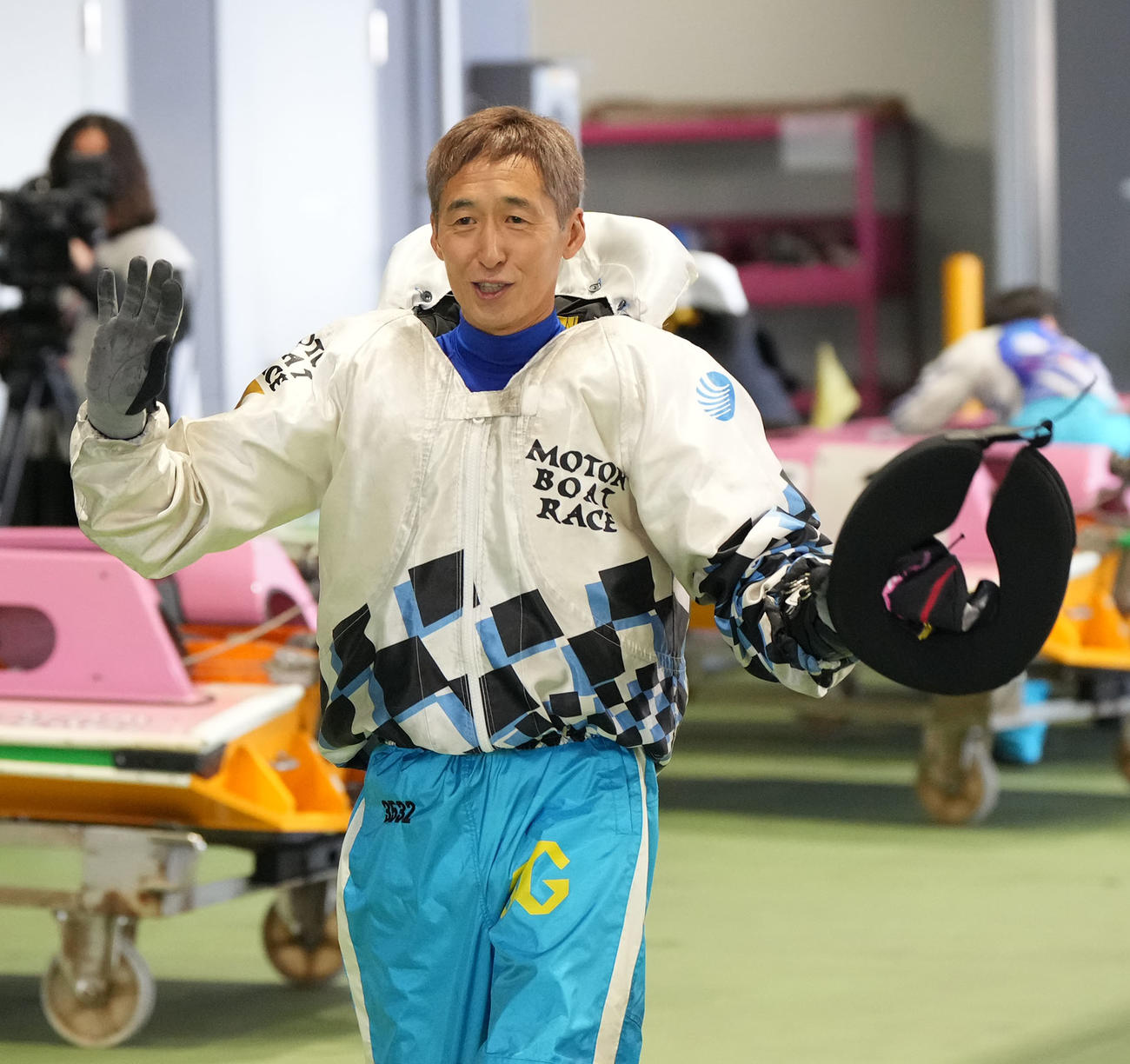 1R・1着でSG初勝利を挙げ笑顔を見せる柴田光（撮影・森本幸一）