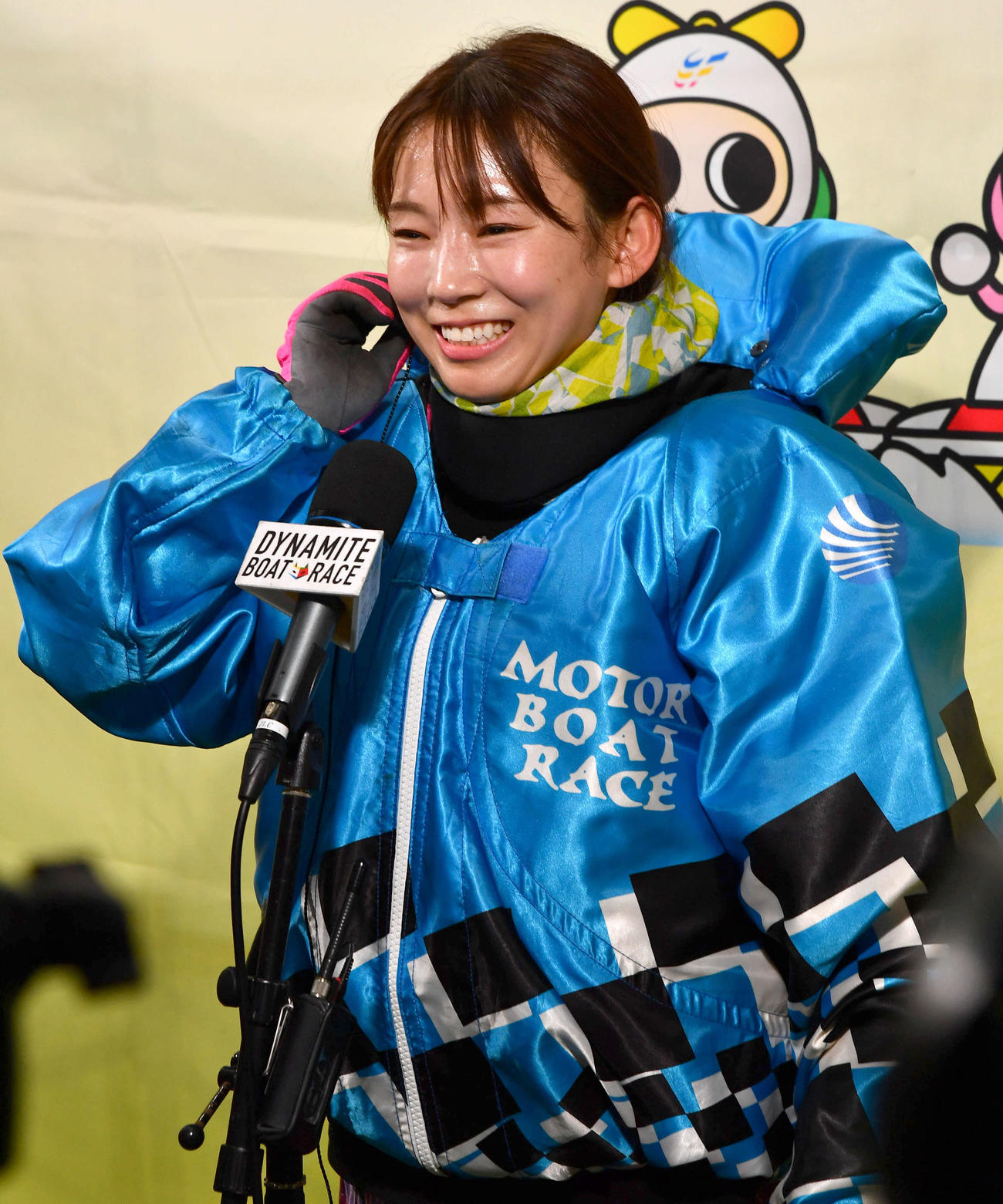 G2レディースチャレンジカップ最終日　優勝戦を制し、笑顔でインタビューを受ける4482守屋美穂（撮影・岩下翔太）