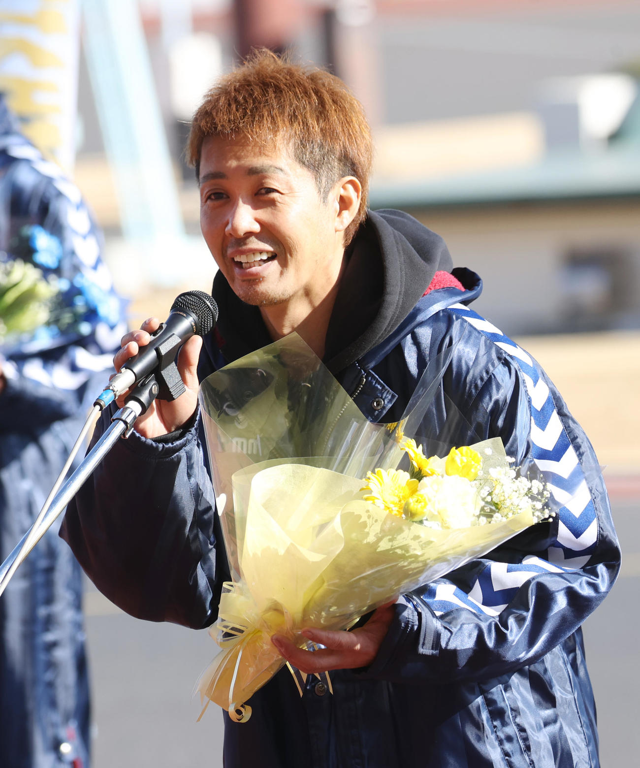 SS王座決定戦出場選手紹介式であいさつする金子大輔（撮影・柴田隆二）