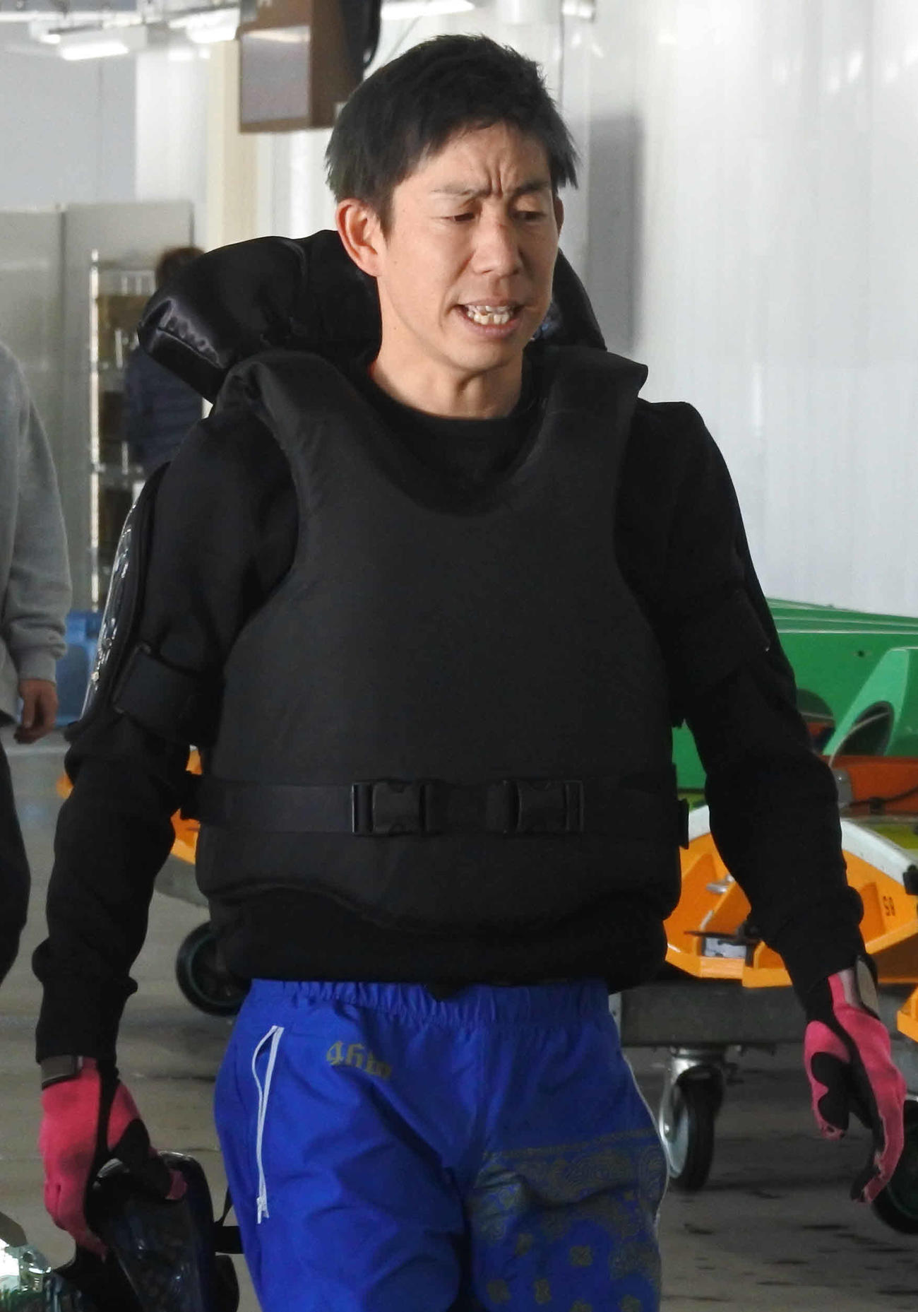 スタート練習から引き上げてきた大上卓人はちょっぴり渋い表情