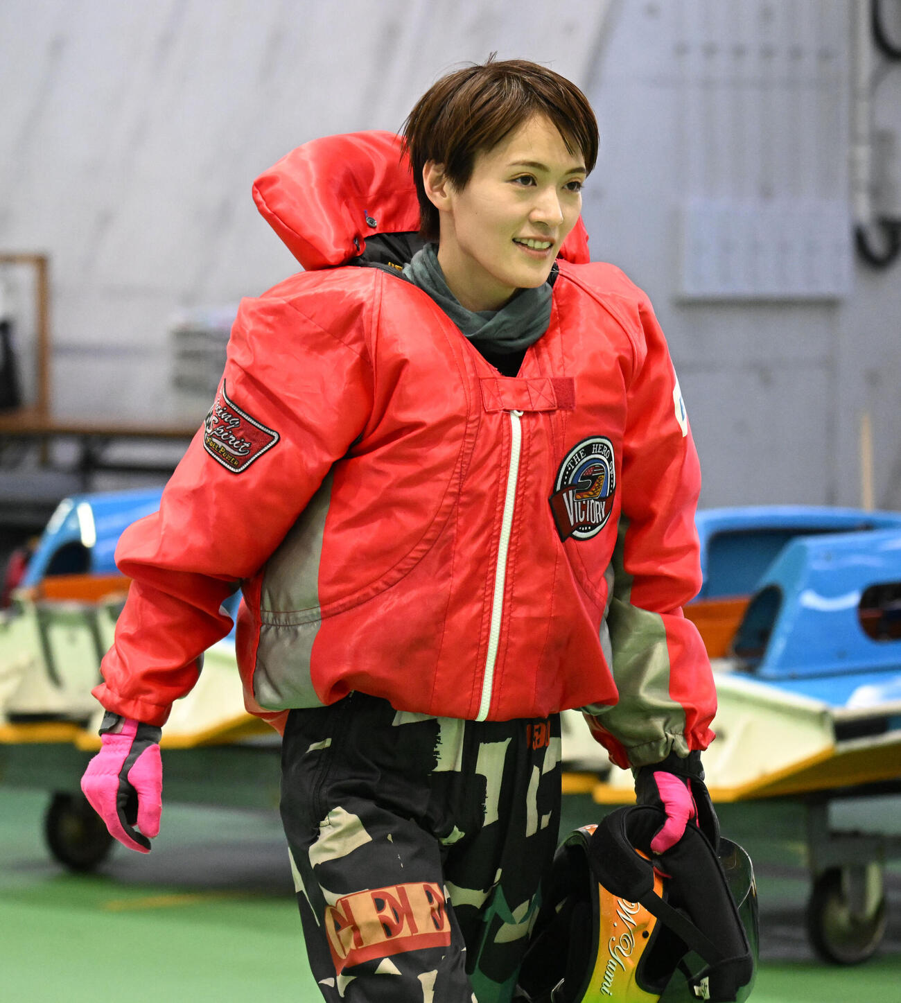 鳴門11Rで2着に入り明るい表情の渡辺優美（撮影・和賀正仁）